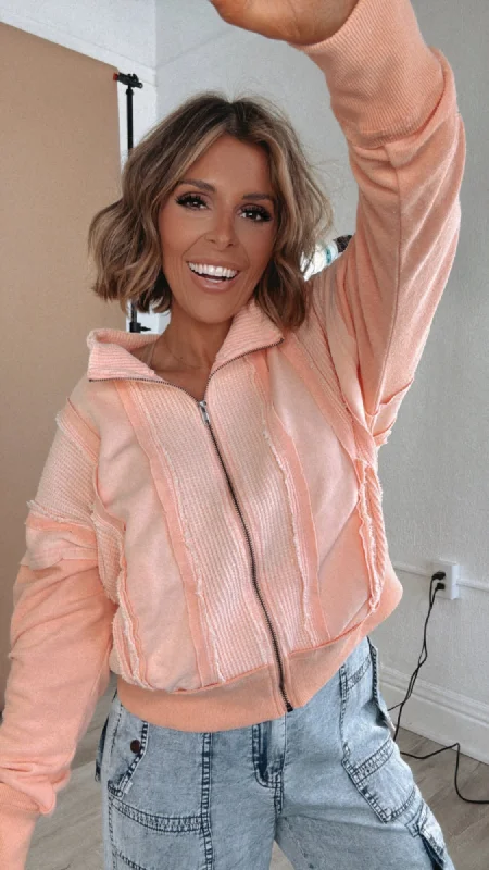 Oli &Hali: Waffle Zip Up Sweater, Coral Pink Elegant Women's Formal 