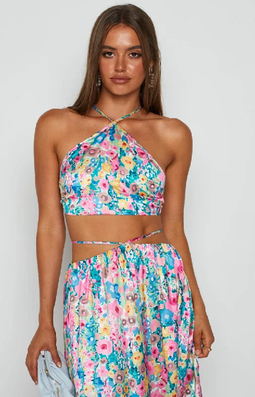 Spring Bouquet Floral Halter Top Youthful Women's Pop