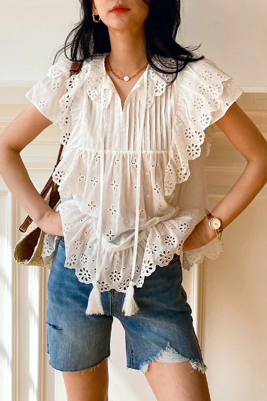 White Embroidered Lace Ruffles Sleeve Top Modern Women's Tech