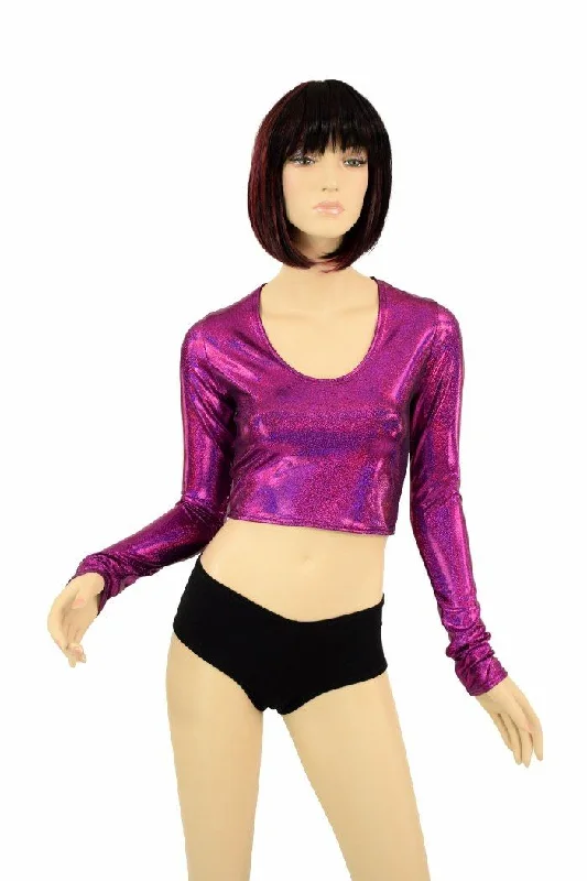 Fuchsia Holographic Long Sleeve Crop Sophisticated Women's 