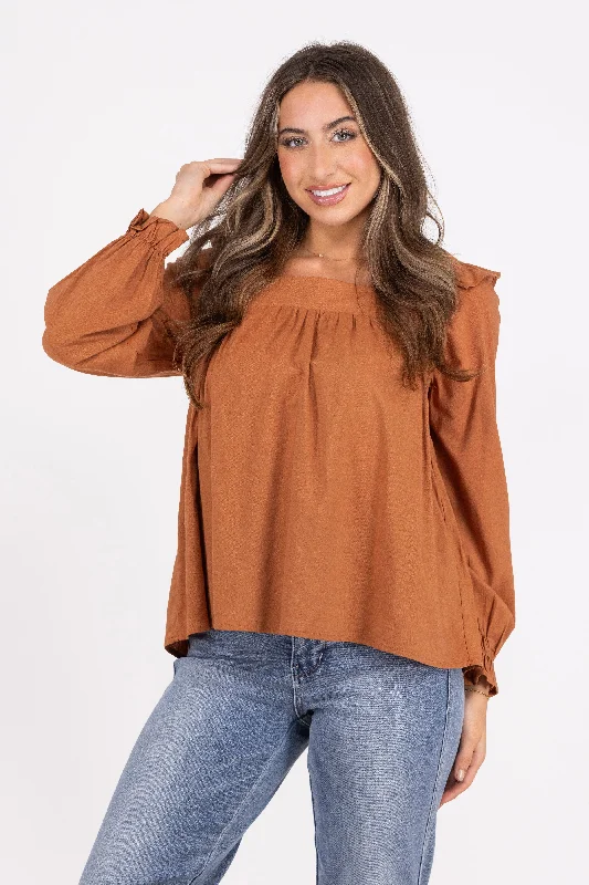 Women's Square Neck Ruffle Long Sleeve Top garde