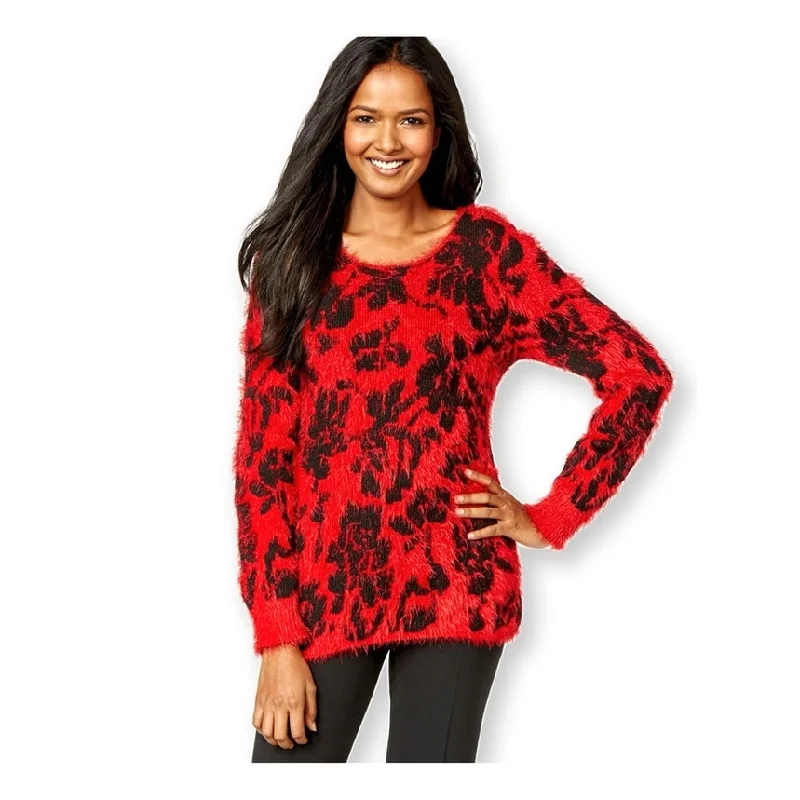 NY Collection Womens Florl-Print Eyelash Pullover Sweater, Red, X-Large European