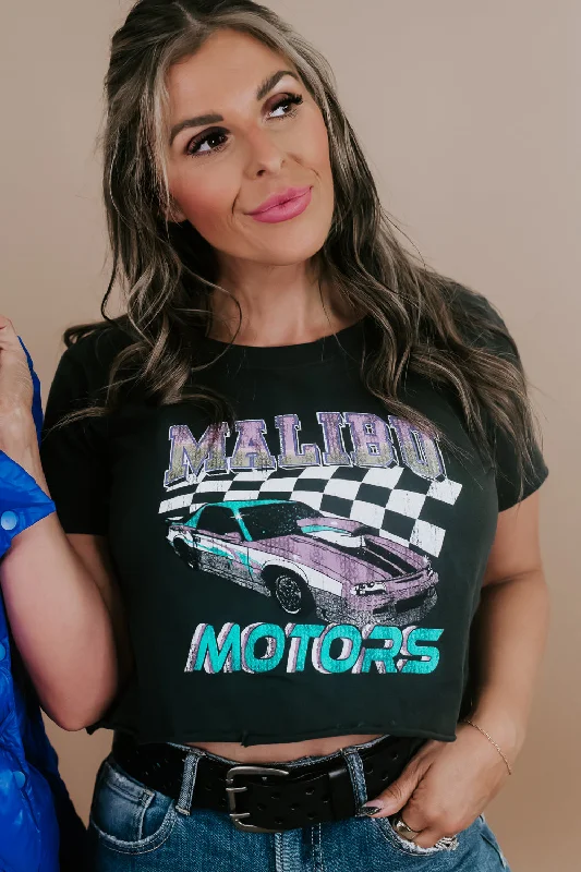 Malibu Motors Distressed Cropped Graphic Tee, Black Adventure