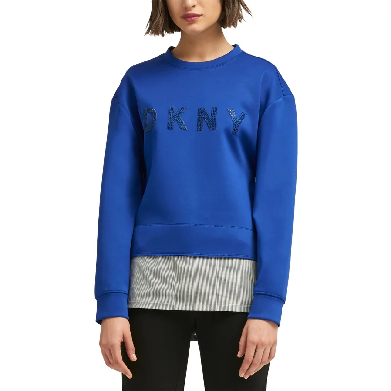 DKNY Womens Layered Look Graphic Pullover Sweater, Blue, Medium Sleek Women's Metallic