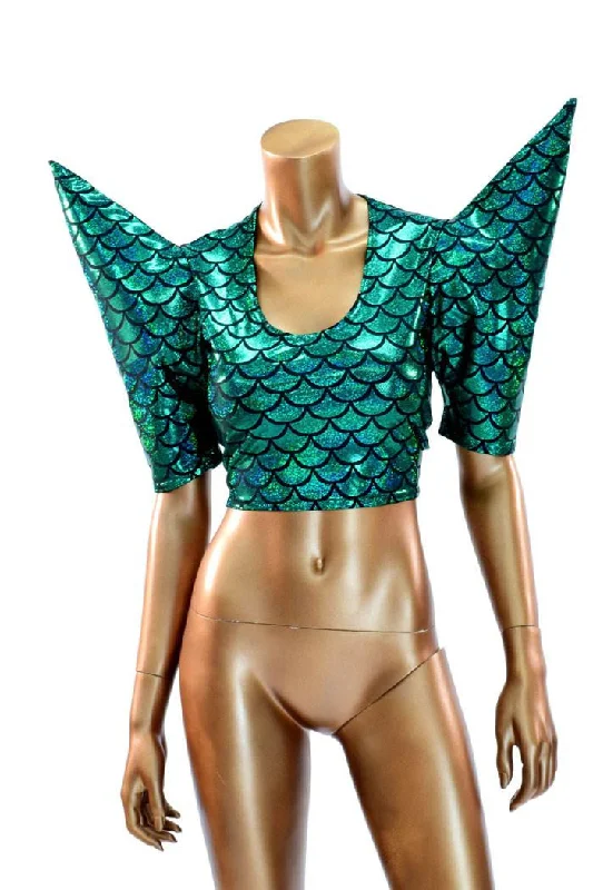 Green Scale Sharp Shoulder Crop Top Geometric