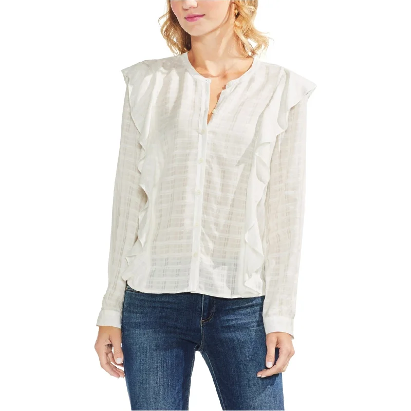 Vince Camuto Womens Plaid Ruffle Button Up Shirt, White, X-Small Feminine Women's Style 