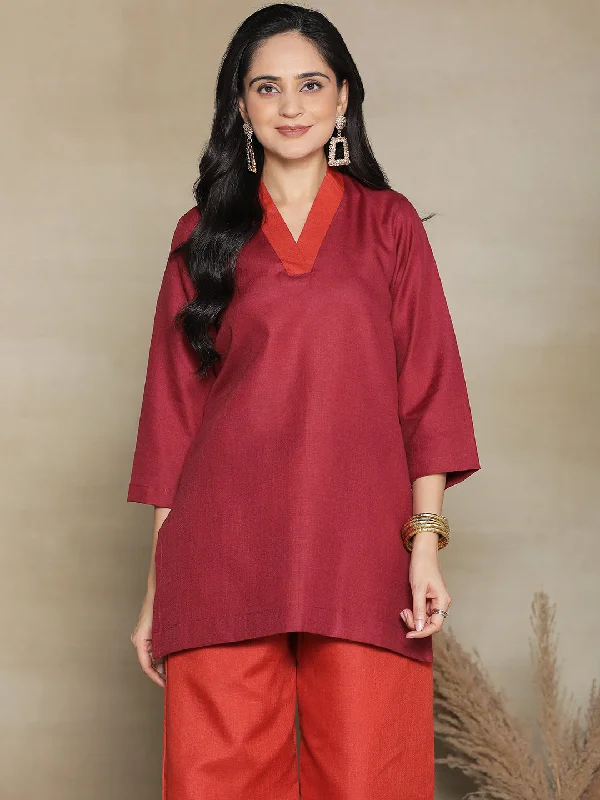 Maroon CottonSlub V-NeckTop Vacation