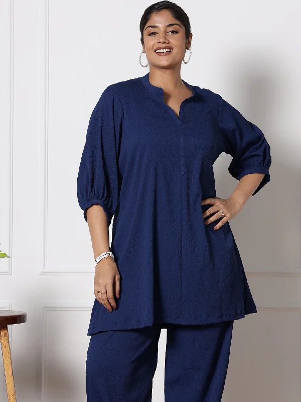 Navy Textured MandarinTop Cozy Women's Winter