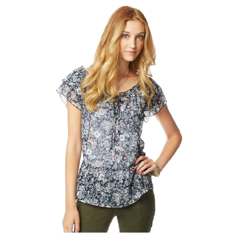 Aeropostale Womens Floral Chiffon Baby Doll Blouse, Blue, Small Street