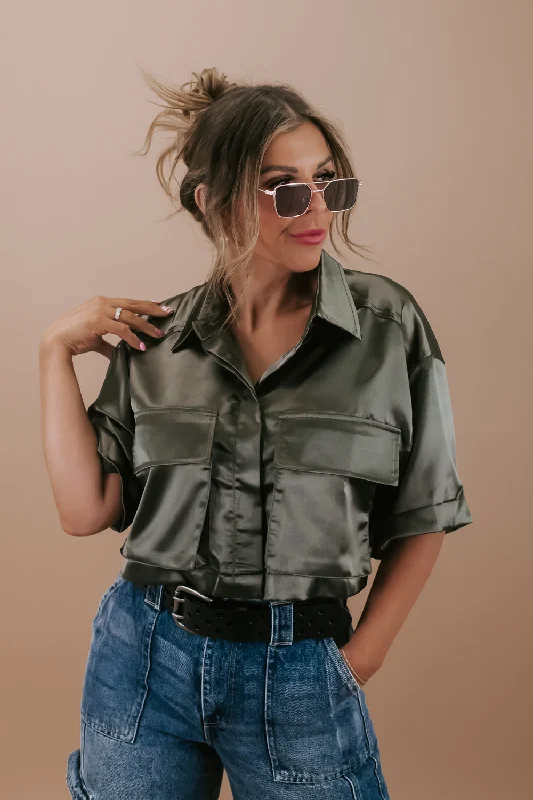 Silk Pocket Button Up Crop Top, Green Street