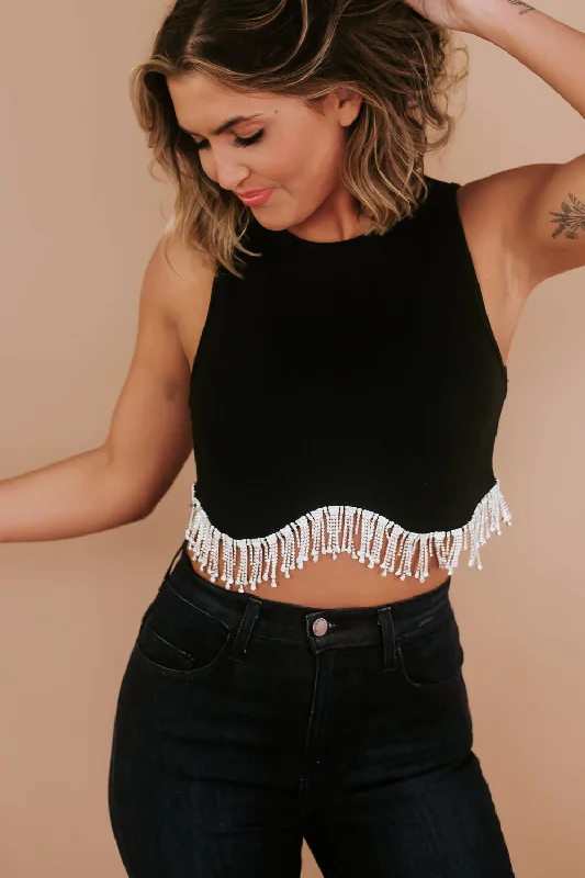 Rockin Rhinestones Crop Tank, Black Stylish Women's Tropical 