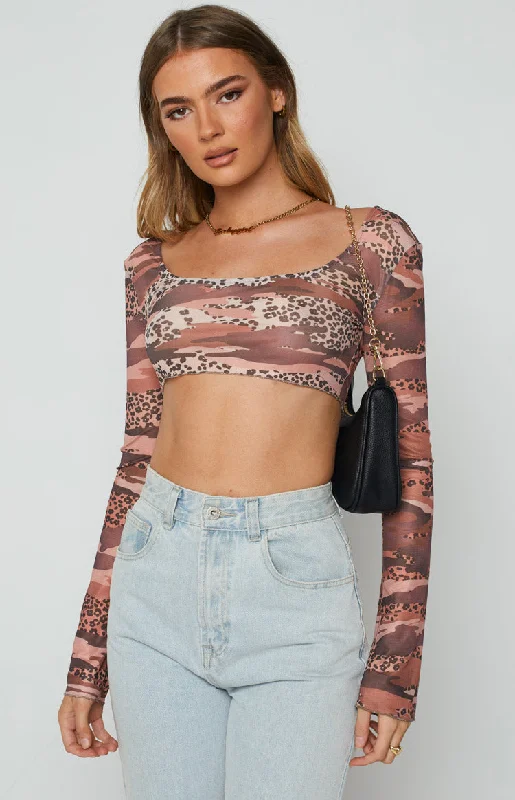 Undercover Brown Print Mesh Top European