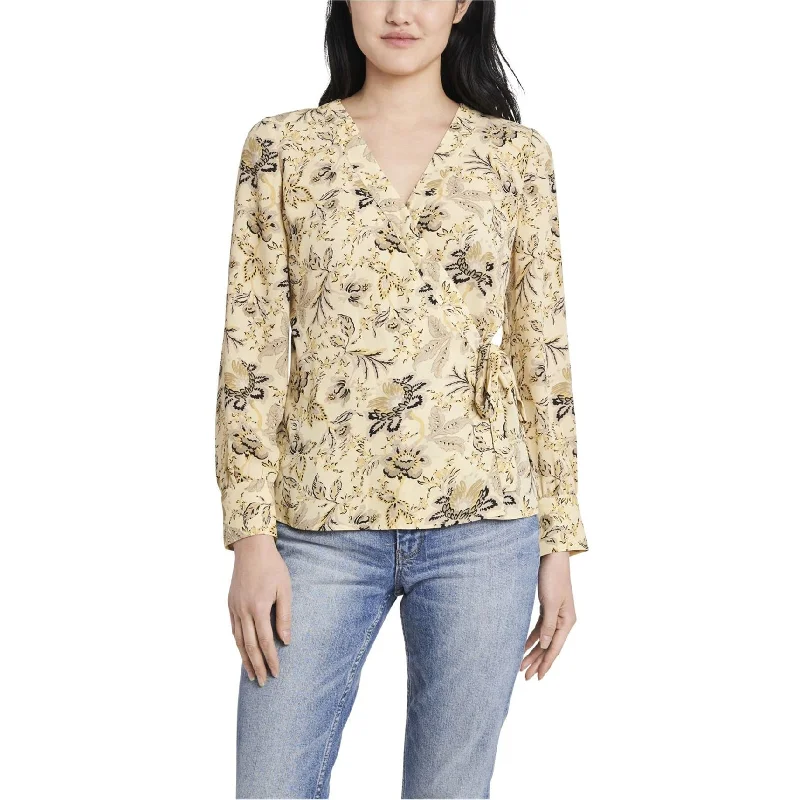 Vince Camuto Womens Antique-Like Floral Wrap Blouse, Yellow, Medium Relaxed Women's 