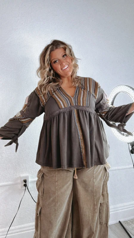Rare & Rustic Stripe Detailed Top, Charcoal Feminine Women's Style 