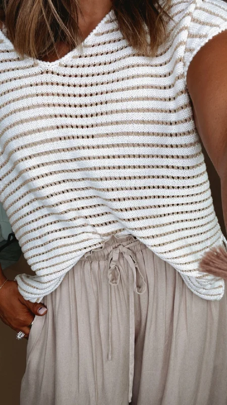 Say Less Short Sleeve Sweater Top, White/Taupe Relaxed Women's Beachy