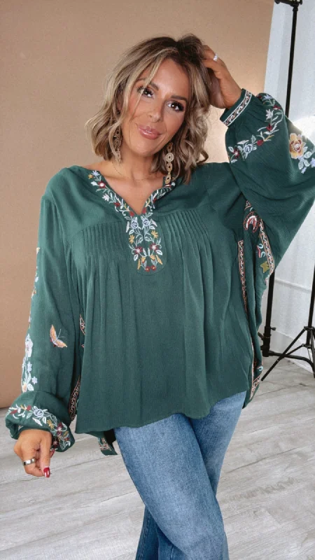 Ellie Embroidered Blouse, Green Stylish Women's Neon