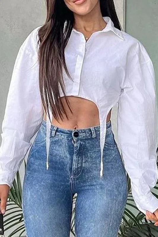 White Irregular Cropped Shirt Athletic Women's 