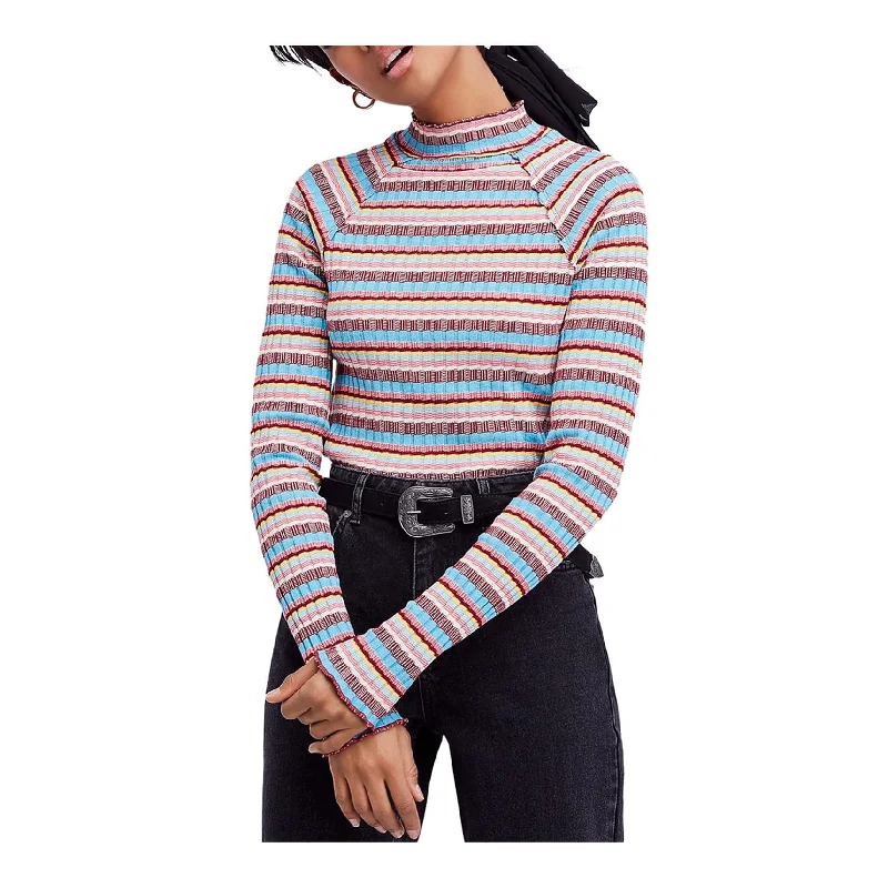 Free People Womens Striped Mock Neck Pullover Sweater, Blue, X-Small Geometric