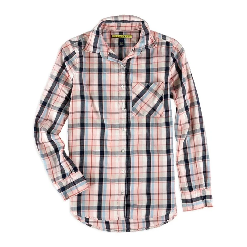 Aeropostale Womens Plaid Pocket Button Up Shirt, Pink, X-Small Streetwear Style for 