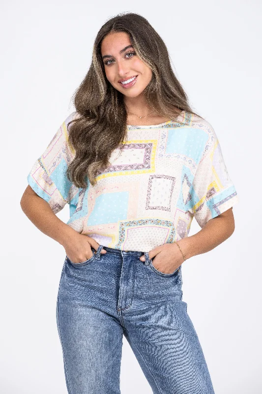 Pattern Perfect Women's Multi Pattern Hi-Lo Short Sleeve Top Polished Women's Silk