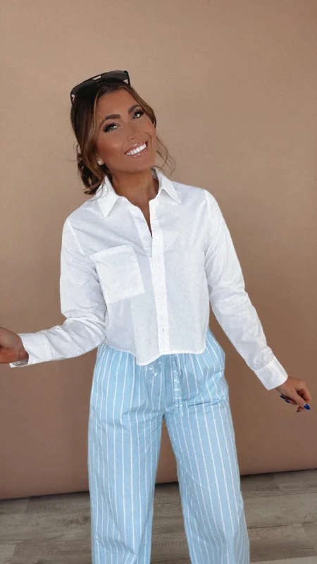 Set The Tone Cropped Button Down Top, White Traditional Women's Wool