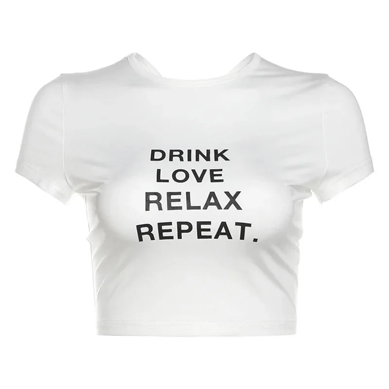 Drink Love Relax Repeat White Crop Top Laid - back Women's Vibe