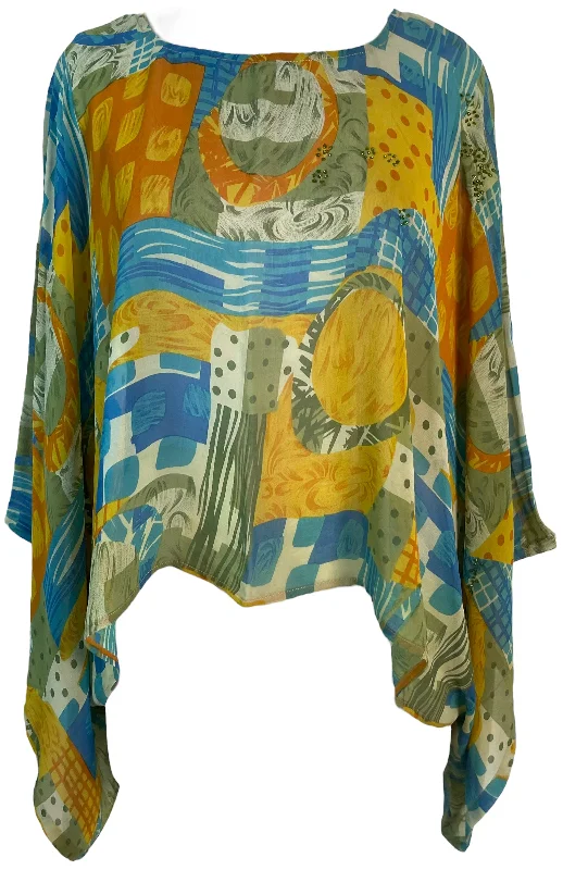 PRG6042 Sheer Avatar Pure Silk Kimono-Sleeved Top Geometric