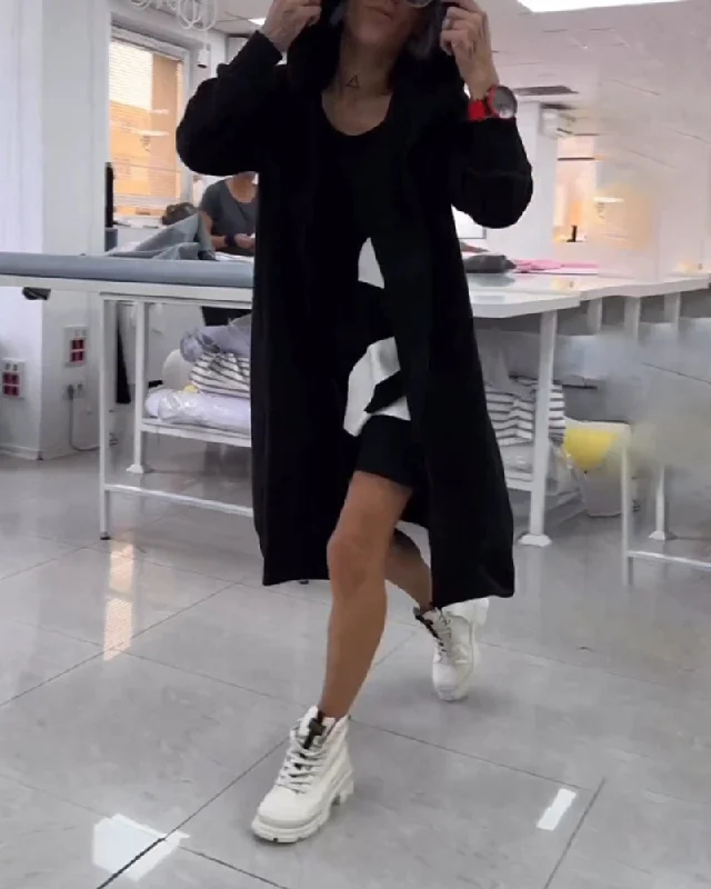 Solid color hooded long coat Elegant Women's Formal 