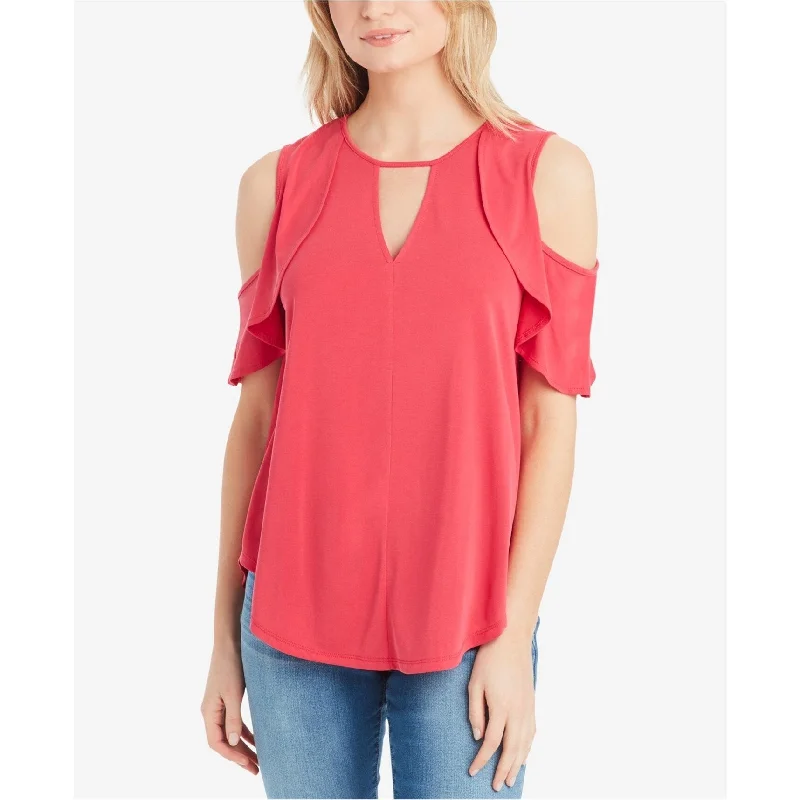 Jessica Simpson Womens Ruffled Cold Shoulder Blouse, Red, X-Small Vacation