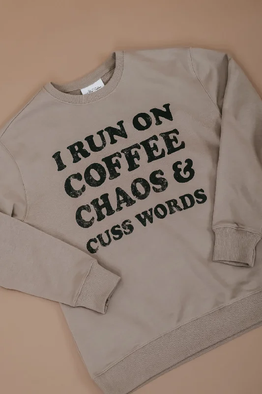 Coffee, Chaos, Cuss Words Crewneck, Light Mocha Refined Women's 
