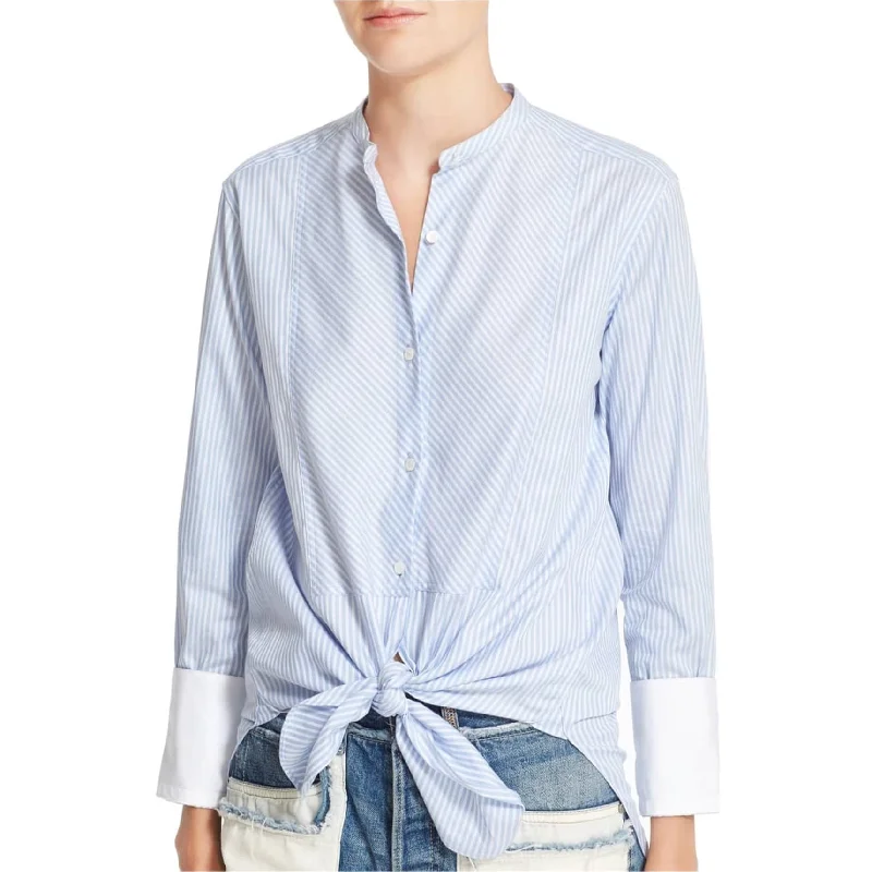Helmut Lang Womens Striped Collarless Button Up Shirt, Blue, Large Sporty Women's Athleisure Helmut Lang Womens Striped Collarless Button Up Shirt, Blue, Large Sporty Women's Athleisure