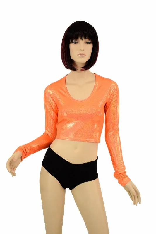 Orange Holographic Long Sleeve Crop Minimalist Women's Casual
