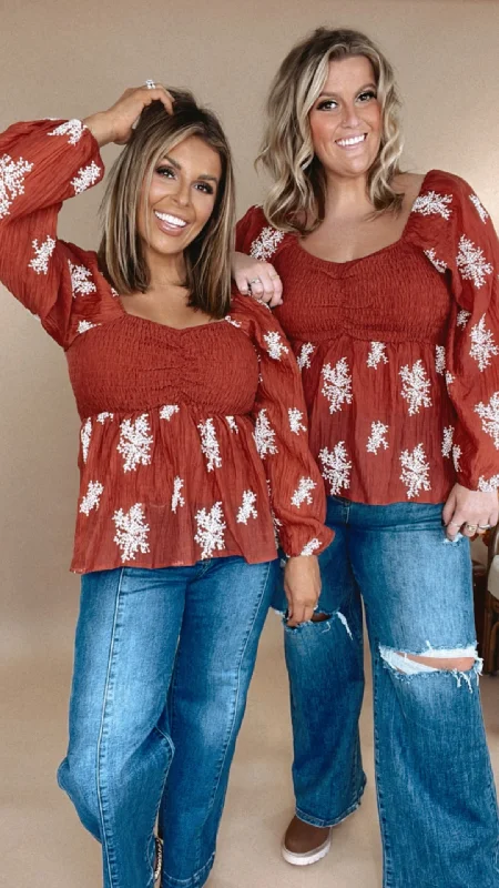 All About Details Embroidered Smocked Blouse, Rust Dynamic Women's Moto
