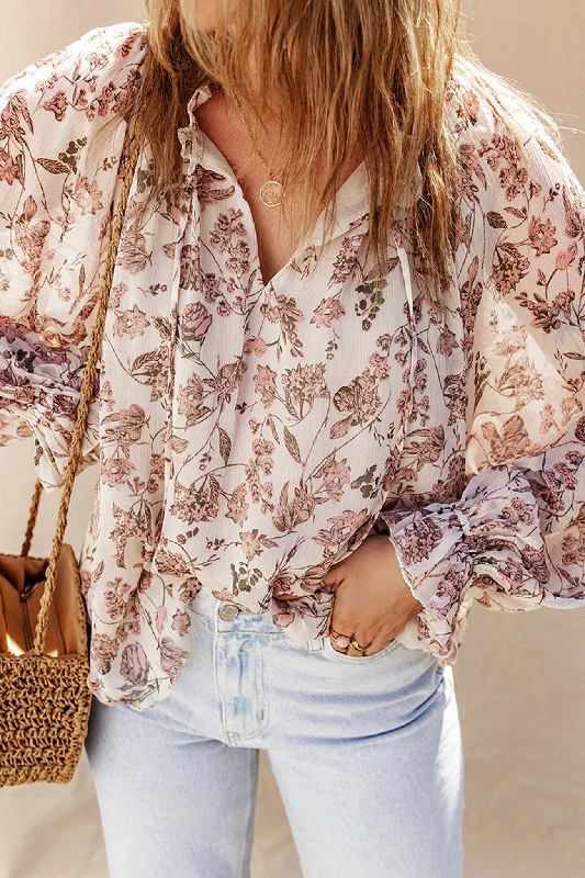 Floral Print V-neck Strap Long Sleeve Blouse Practical Women's Quick - dry
