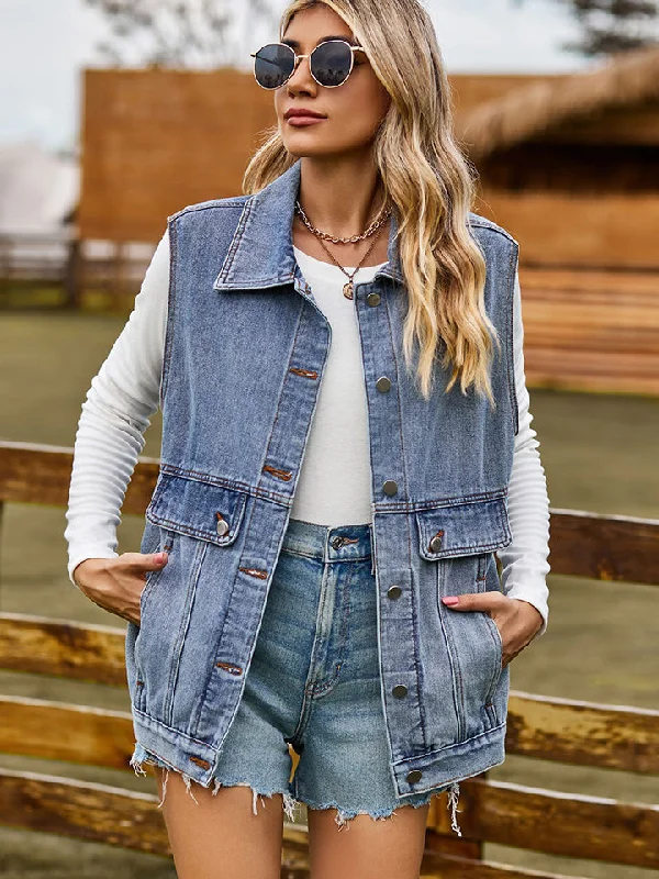 Sleeveless Denim Jacket with Pockets Casual Women's Japanese 
