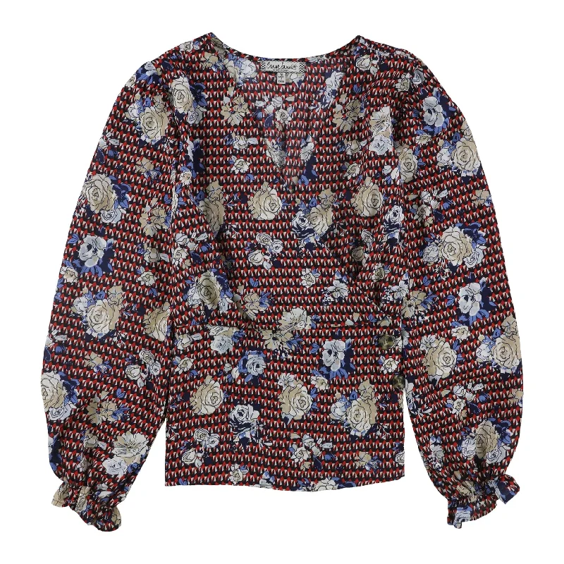 Crave Fame Womens Button-Detail Wrap Blouse, Multicoloured, Medium Artistic Women's Hand - painted
