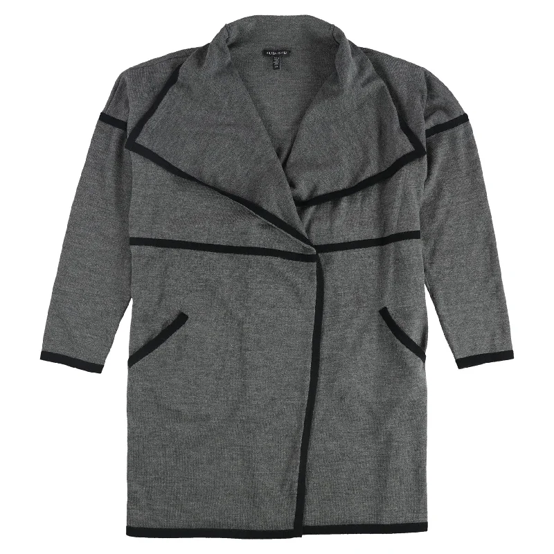 Eileen Fisher Womens Open Front Contrast Trim Cardigan Sweater, Grey, Large Sophisticated Women's Tailored