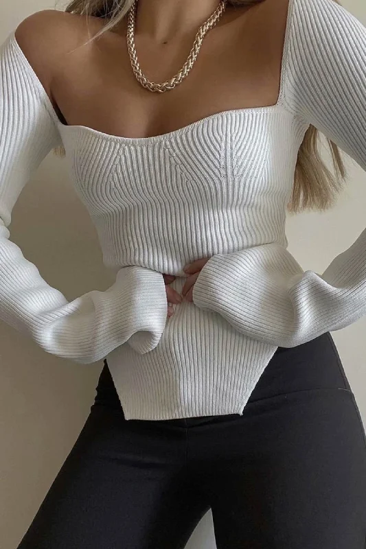 Low Cut Slit Hem Ribbed Knit Tops Cool Women's Distressed