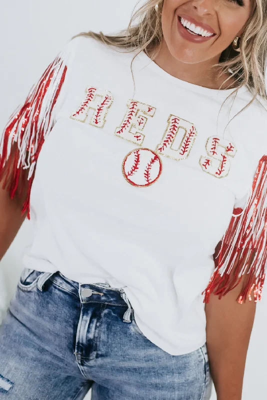 REDS Patched Fringe Top, White/Red Sustainable Organic