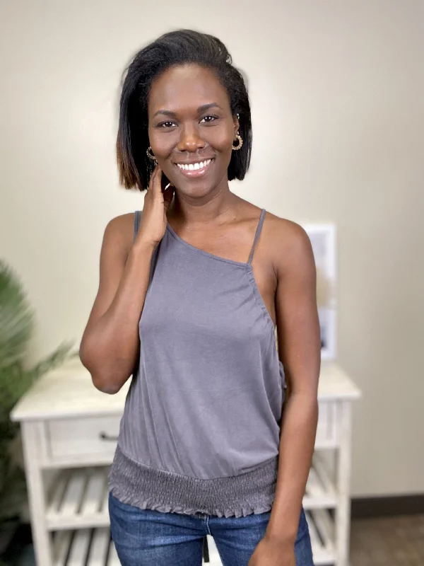 Sending Out A S.O.S Women's Asymmetrical Smocked Hem Tank Top Dapper Women's Bow - adorned
