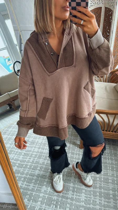 Full Vibe Waffle Detailed Hoodie, Mocha Geometric