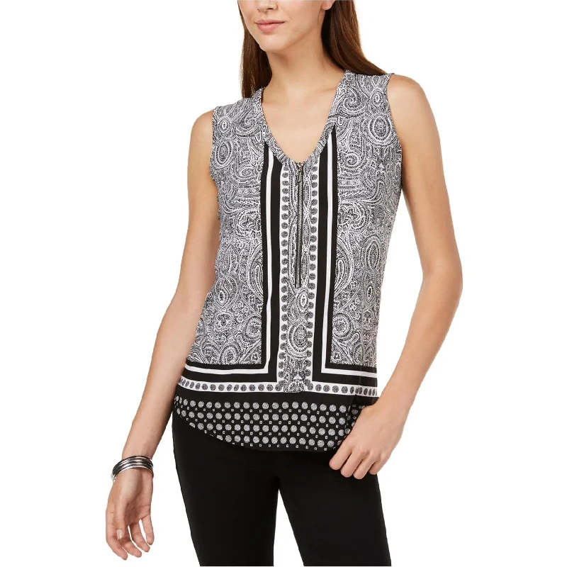 I-N-C Womens Printed Zip Neck Tank Top, Black, X-Large Sustainable Organic