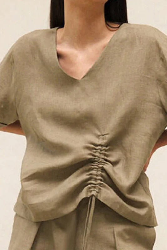 Linen V Neck Short Sleeve Drawstring T-shirt Rugged Women's Outdoor 