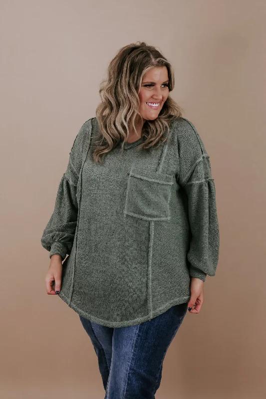 Be You Puff Sleeve Knit Top, Olive Trendy Women's Oversized