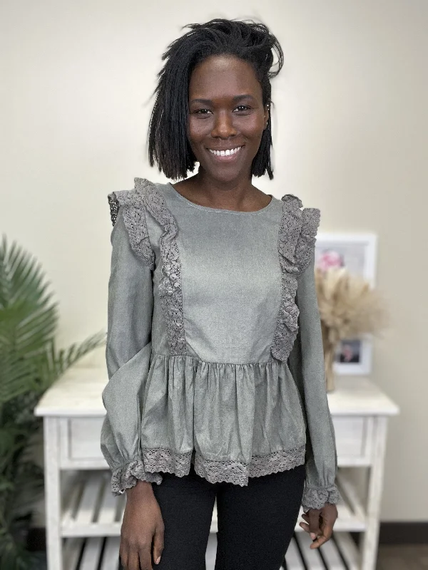 Ruffle My Feathers Women's Crochet Trim Long Sleeve Top Laid - back Women's Style