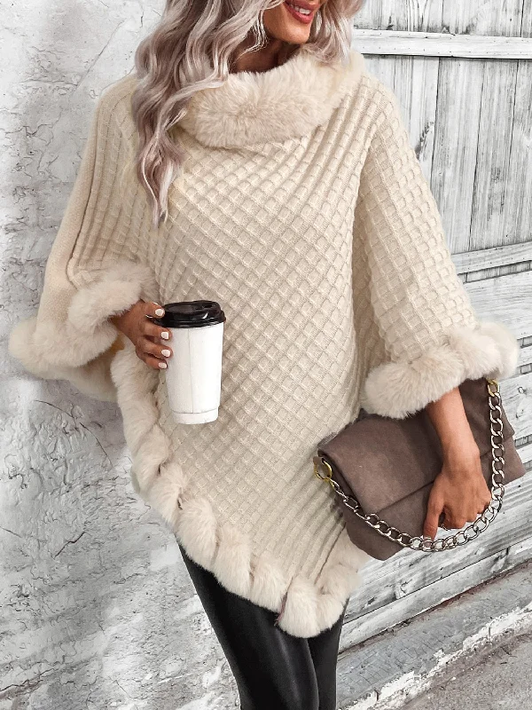 Faux Fur Trim Fashion Poncho Sweater Sophisticated Women's Tailored