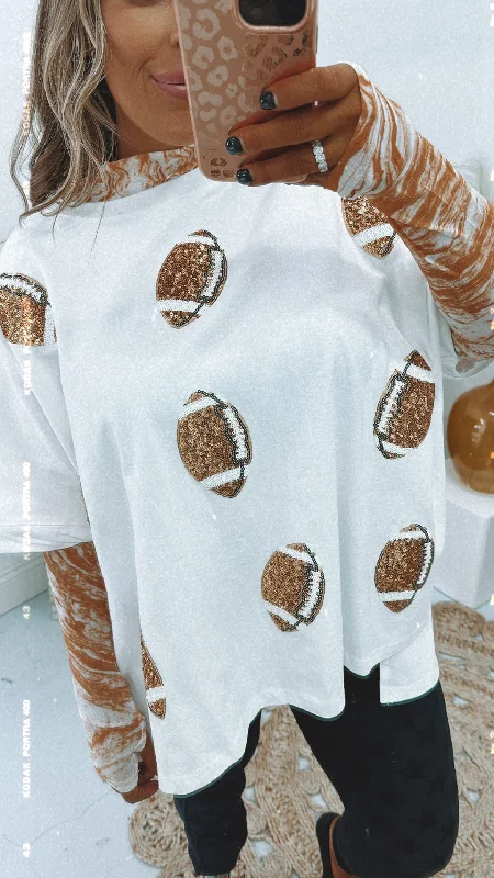 Sequin Football Tee, White Unique Women's Upcycled
