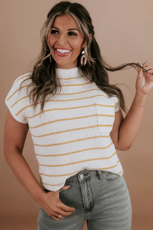 Striped Sweater Vest, Cream/Yellow Relaxed Women's Beachy