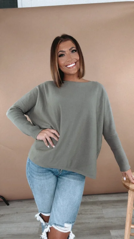 Level Up Basic Boat Neck Sweater, Olive Green Traditional Women's Wool