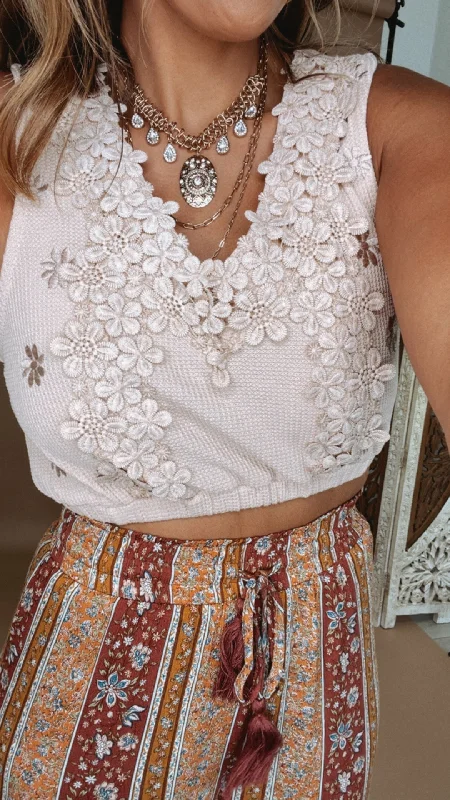 POL: Knit Bralette Floral Embellished Top, Beige Bold Women's Animal Print